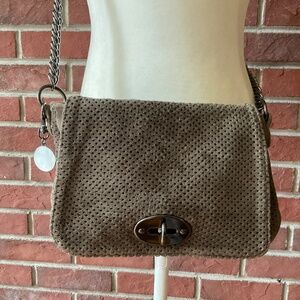 ASH Dark Taupe Leather Suede Boho Crossbody Chunky Metal Strap Bag